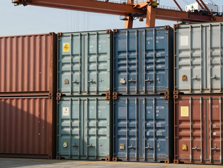 Row of stacked shipping containers at a Jakarta port terminal, midday light casting hard shadows between the container walls, a crane arm visible in the upper frame