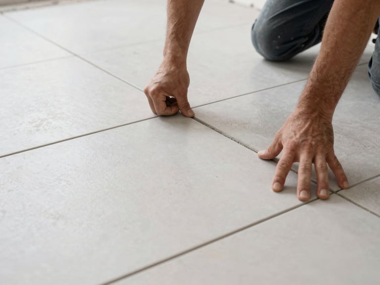 Hands of a tiler aligning large-format porcelain tiles on a floor, grout lines precise, studio strobe lighting from the side revealing texture and flatness of the surface