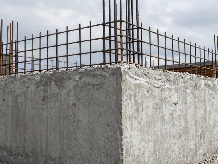 Close-up of freshly poured structural concrete foundation walls with steel rebar visible, overcast daylight, architectural framing from above showing the grid of footings