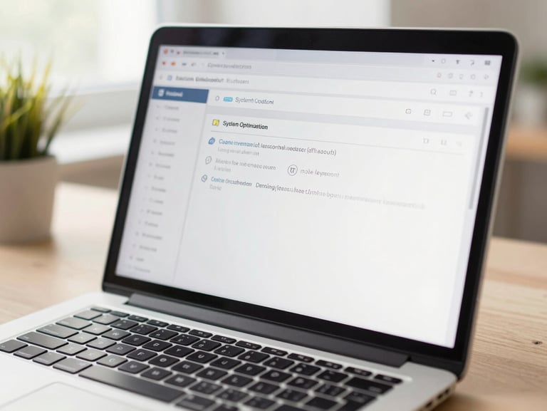 Close-up of a laptop screen showing a clean system optimization tool interface, bright daylight, shallow depth of field, trustworthy and clean