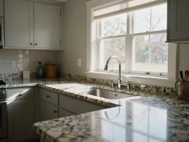 Brightly lit New England kitchen post-cleaning, sunlight streaming through a window onto polished granite countertops and a sparkling clean sink, wide-angle shot