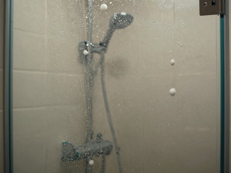 Close-up shot of a bathroom glass shower door with heavy soap scum buildup and water mineral spots.