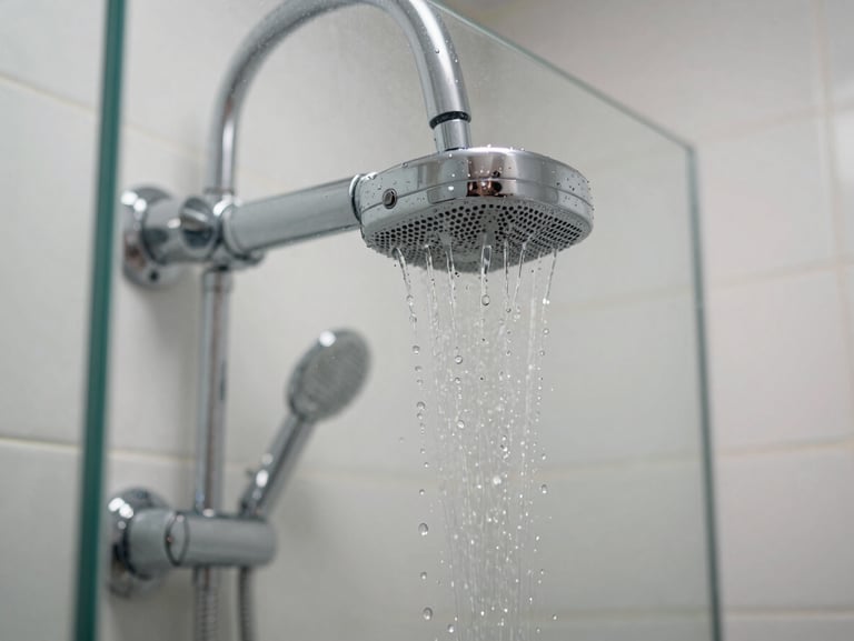 Close-up shot of the same bathroom shower with crystal clear glass, shining chrome fixtures, and clean white grout.