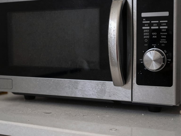 Close-up shot of a messy kitchen counter with water spots on the stainless steel faucet and dust on the microwave surface.
