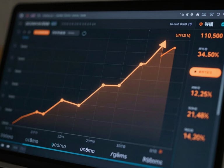 High-contrast dark mode dashboard interface displaying upward growth curves and performance marketing metrics with subtle orange highlights, clean technical design.