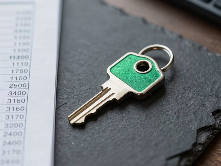 Macro shot of a physical bank security key sitting on a dark slate desk next to a financial ledger, sharp professional daylight