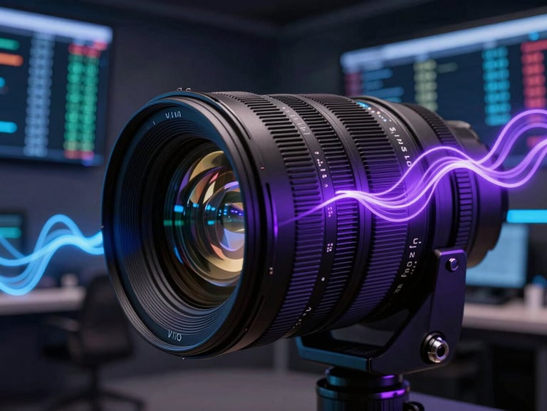 Vista isométrica de una terminal de trading de alta tecnología con flujos de datos abstractos en color púrpura neón y azul sobre fondo oscuro, lente macro.