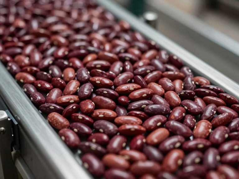 A clean, high-visibility macro shot of perfectly sorted dry red kidney beans on an industrial conveyor belt, uniform size and color.
