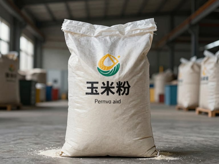 A clean woven polypropylene sack of premium branded maize flour standing in a pristine industrial warehouse, sharp focus.