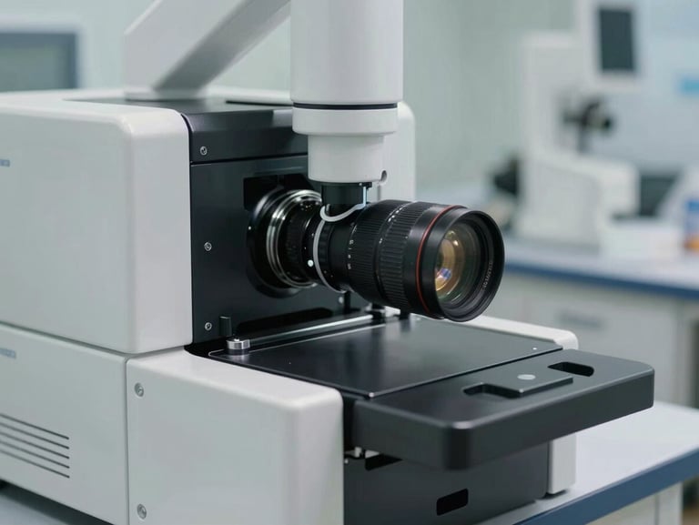 Close-up of modern automated pathology laboratory equipment, clean sterile surfaces, bright neutral clinical lighting, professional environment.