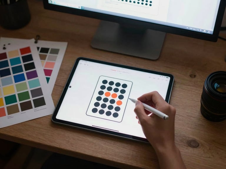 Overhead flat-lay of a graphic designer's workstation — tablet pen hovering over an ad mockup on screen, printed color proofs pinned beside the monitor, harsh overhead fluorescent light