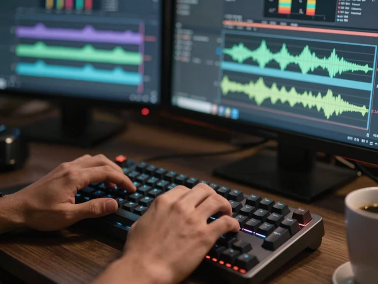 Close-up of hands on a mechanical keyboard in a dim edit bay, dual monitors showing color-grading timeline with saturated waveforms, coffee cup edge-of-frame, monitor glow the only light source