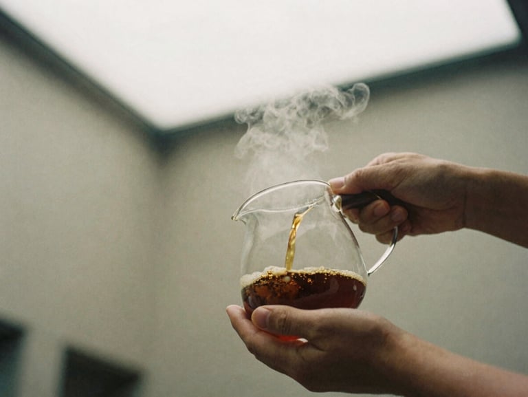 Close-up of hands pouring dark, rich specialty coffee from a glass carafe, soft steam rising, warm low-key interior lighting, 35mm film