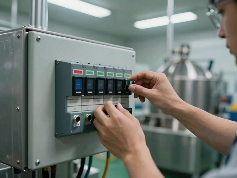 Close-up of a technician's hands adjusting a PLC control panel inside a food processing facility, overhead fluorescent wash, stainless steel equipment surfaces visible in background, utilitarian framing