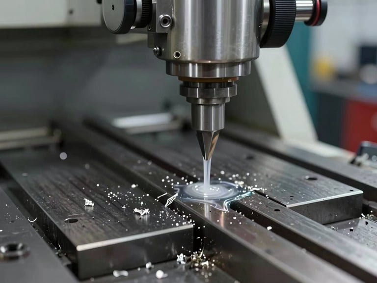 Tight shot of precision CNC machine interior during operation, metal shavings on work surface, coolant stream visible, task lighting on cutting tool, industrial ambient in background