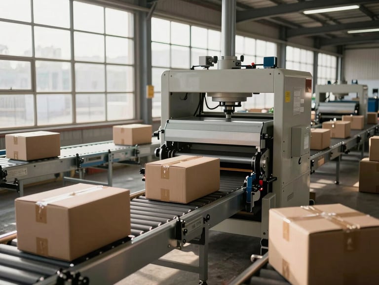 Wide environmental shot of a warehouse conveyor system with automated sorting equipment running, morning sidelight through high warehouse windows, cardboard boxes moving through the line, no people