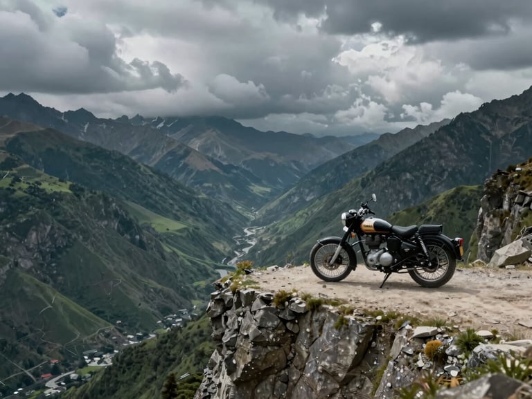 Wide-angle environmental shot of a Royal Enfield parked on a dramatic Himalayan cliff edge, moody storm clouds above and deep cardamom green valleys below.