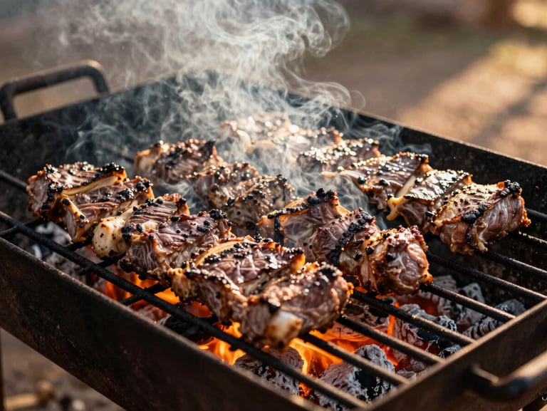 Close-up of slow-cooked Argentine asado over glowing embers, rustic iron grill, smoke rising, warm natural lighting