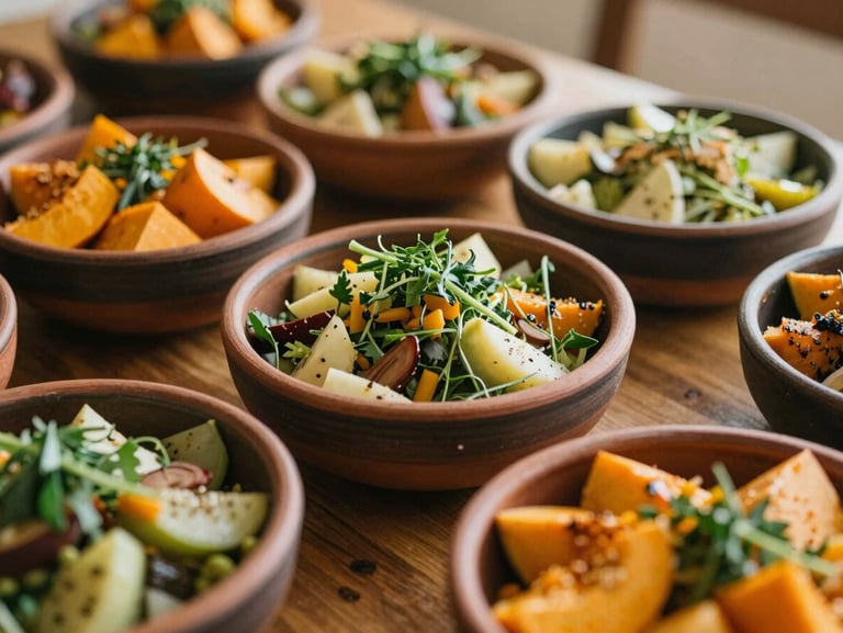 Close-up of rustic clay bowls filled with colorful seasonal salads, roasted pumpkins, and fresh herbs on a wooden table