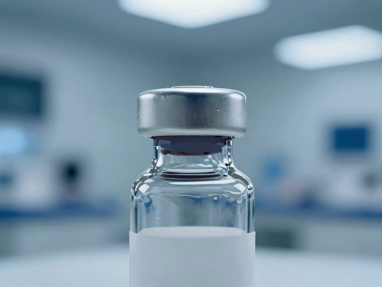 Macro shot of a sterile pharmaceutical glass vial with a tamper-evident aluminum seal, cool clinical blue lighting, clean room environment.