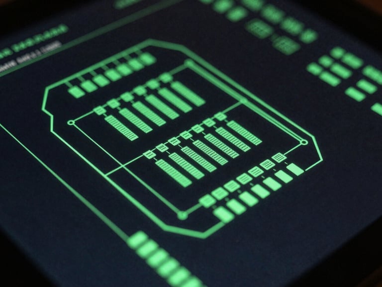 Tight macro shot of a schematic layout glowing neon green on a dark terminal screen, blueprint style, moody tech photography, 50mm lens