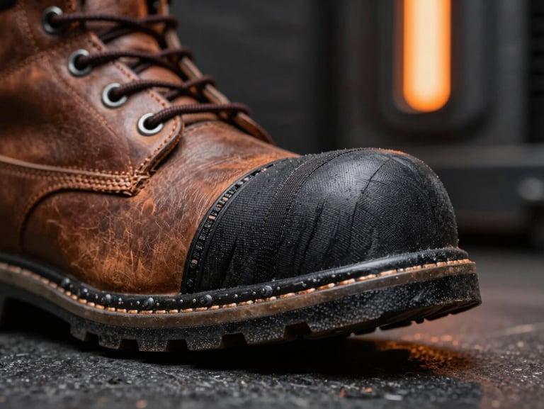 Macro close-up shot of a composite safety toe cap inside a rugged leather boot, showing the layered technical fibers, dark industrial backdrop, dramatic orange lighting.