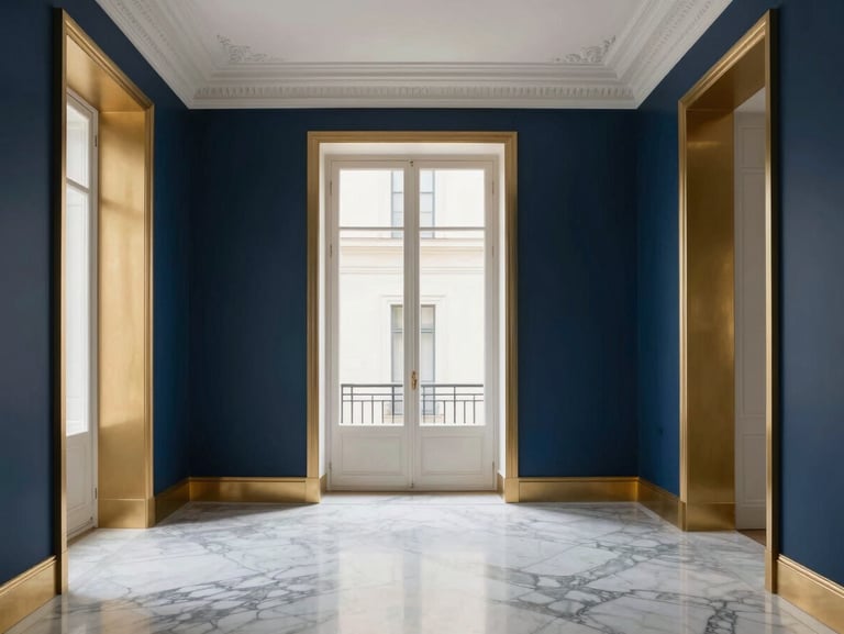 Luxury editorial interior of a restored historic apartment, high ceilings, marble floors, soft natural window light, elegant minimalist design