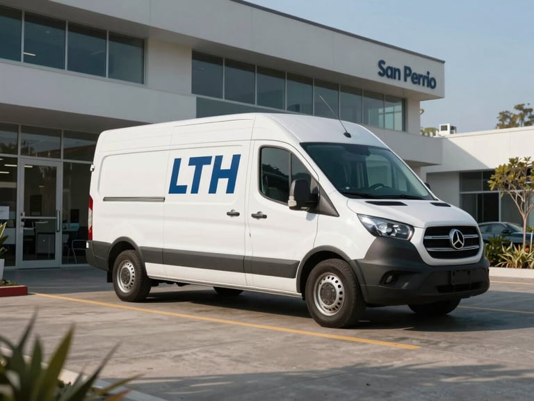 Wide angle shot of a clean, branded LTH service van parked in a modern corporate office driveway in San Pedro, bright morning light, professional setting.