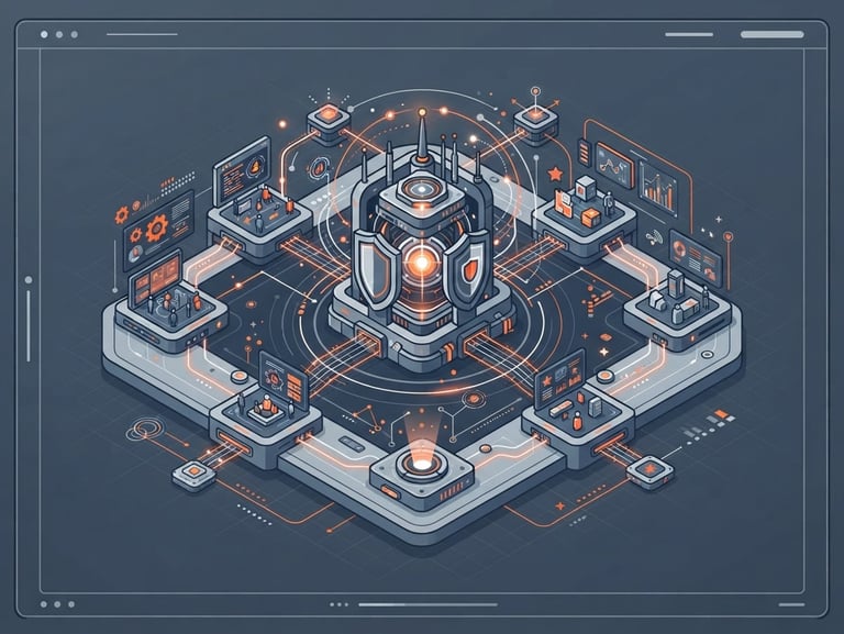 Isometric flat vector diagram of a secure distributed talent network node, clean lines, slate and safety orange accents, minimalist UI frame