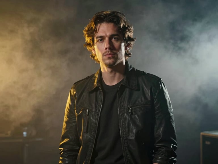 Cinematic portrait of a musician in a dark, atmospheric setting with sharp yellow rim lights, volumetric fog.