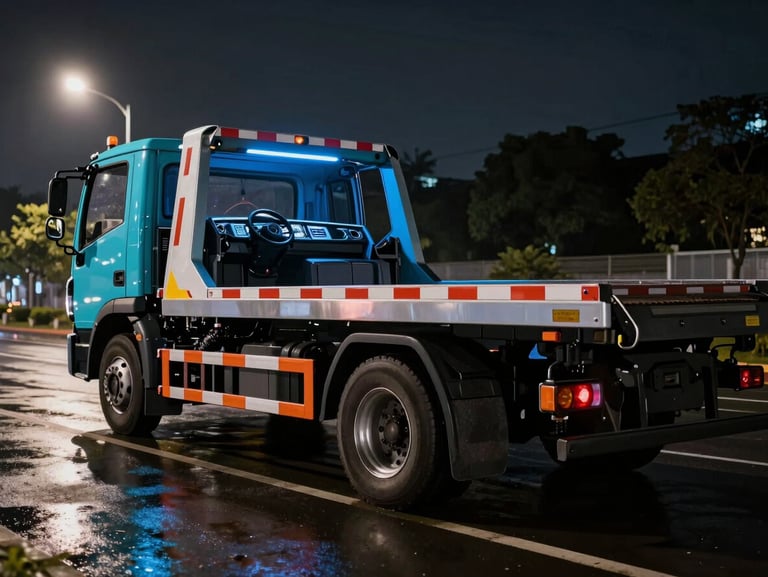 Dynamic low-angle wide shot of an electric cyan flatbed tow truck parked on wet asphalt at night, dramatic backlighting, reflecting neon glows, hyper-clean dashboard aesthetic
