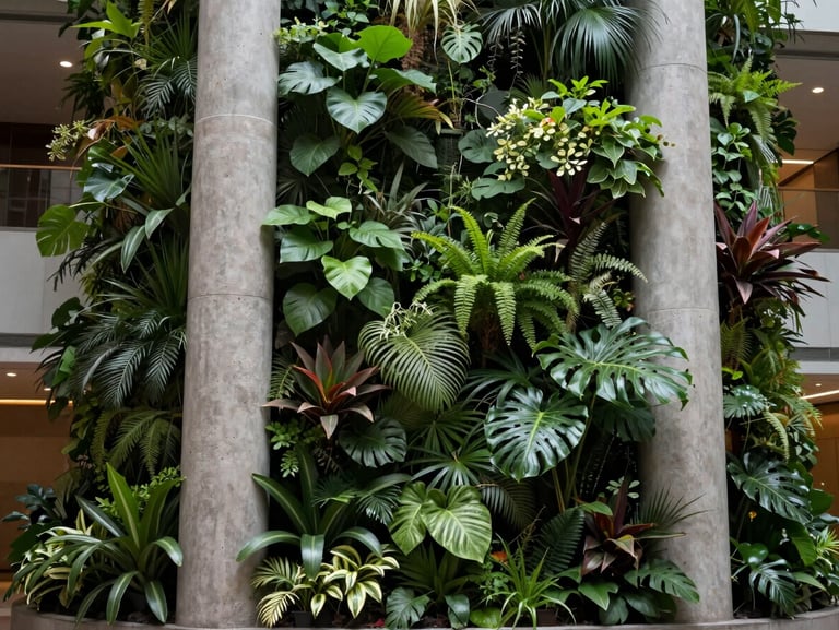 A lush vertical garden inside a high-end corporate lobby, integrated with concrete columns, perfectly healthy after three years.