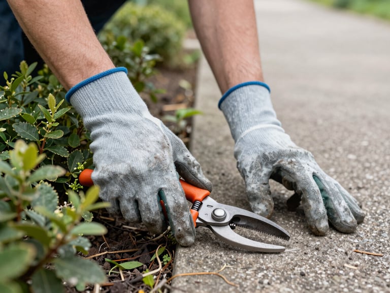 Close-up of hands in work gloves pruning a low shrub near a garden path, natural daylight, tools resting on the ground beside the plant, no people posing