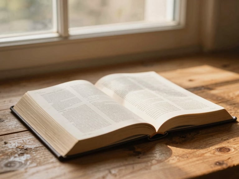 An open Bible on a rustic wooden table, soft golden-hour natural light streaming through a window, warm organic tones, shallow depth of field, 35mm