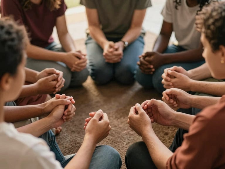A small group of diverse believers sitting in a circle, hands held in prayer, warm diffused daylight, rich organic tones, shallow depth of field, 35mm