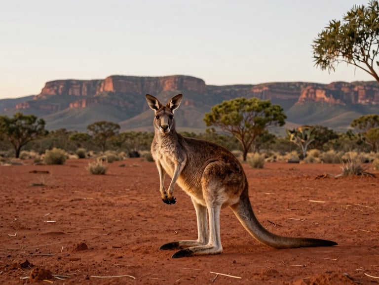 A wild kangaroo standing in the red dirt of the Flinders Ranges, ancient mountain ridges in the background, soft overcast daylight, warm editorial travel photography