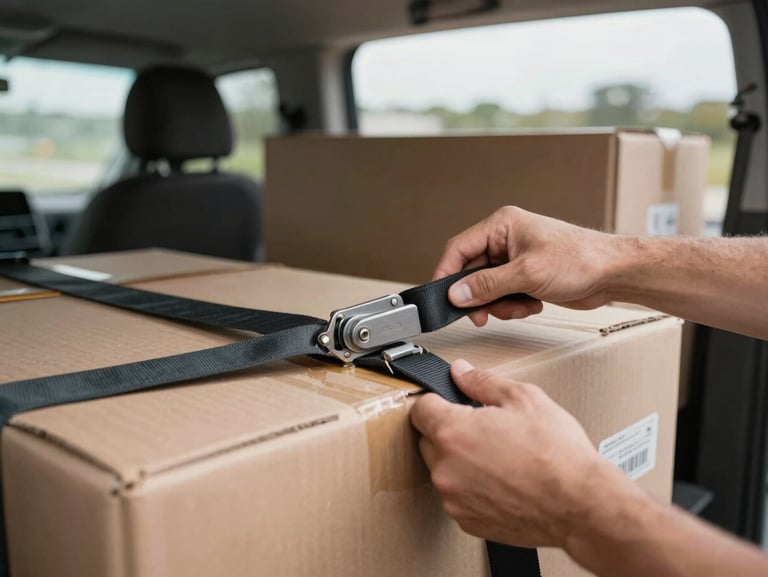 Close-up of ratchet straps being tightened over stacked boxes in a van interior, overcast natural light through loading bay, hands visible mid-action, documentary framing