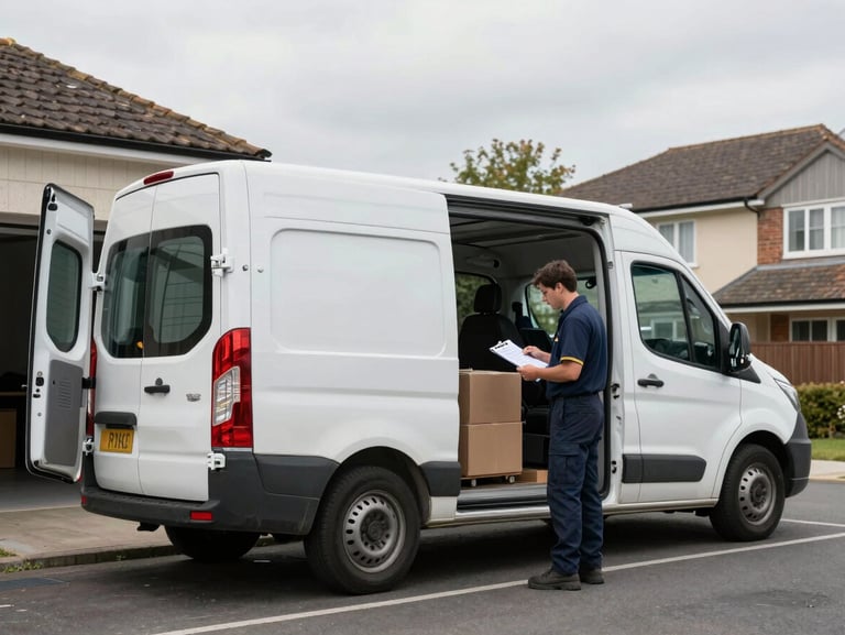 Wide shot of a removal van parked at a residential street loading bay, rear doors open, team member checking a load list on a clipboard, overcast daylight, documentary style