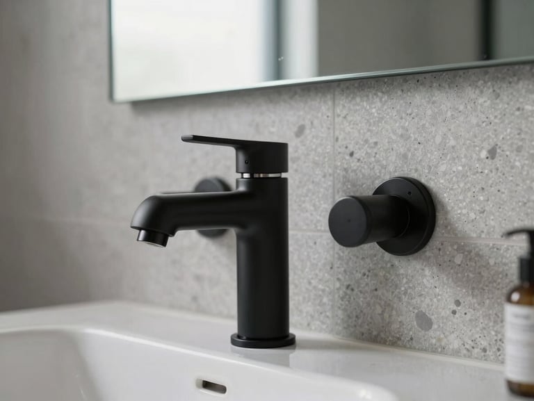 Detail shot of a luxury bathroom, matte black fixtures against light grey terrazzo walls, soft diffused window light, editorial composition.