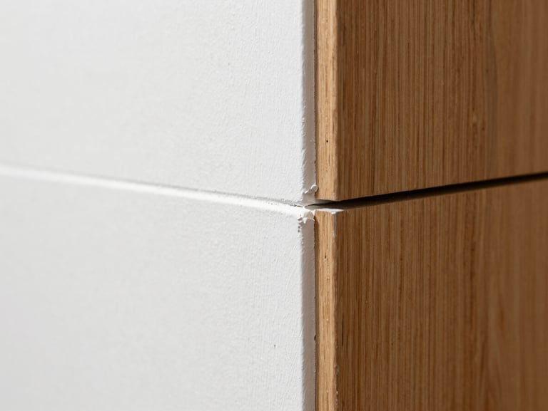 Macro architectural detail of a perfectly finished wall joint where smooth white plaster meets a warm oak panel, clean shadow gap, precise craftsmanship.