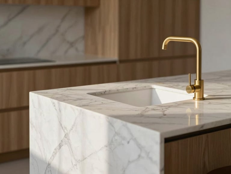 Close-up architectural shot of a modern kitchen island with white marble veins, natural light highlighting a sleek gold faucet and minimalist wooden cabinetry.