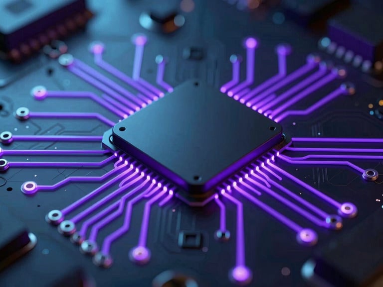 Sleek 3D render of a custom circuit board with glowing purple traces, close-up macro shot, shallow depth of field, dark low-key lighting