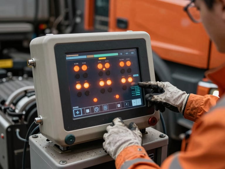 Close-up of a high-tech diagnostic tool screen connected to a heavy truck engine, glowing orange indicator lights, hands of a mechanic in protective gloves adjusting a setting.