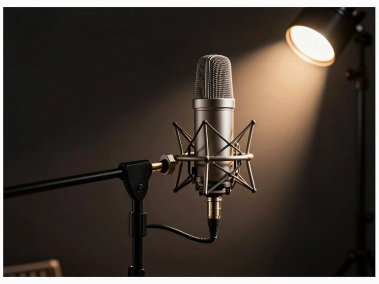 Microphone stand in a dark room illuminated by a single warm spotlight, high contrast.
