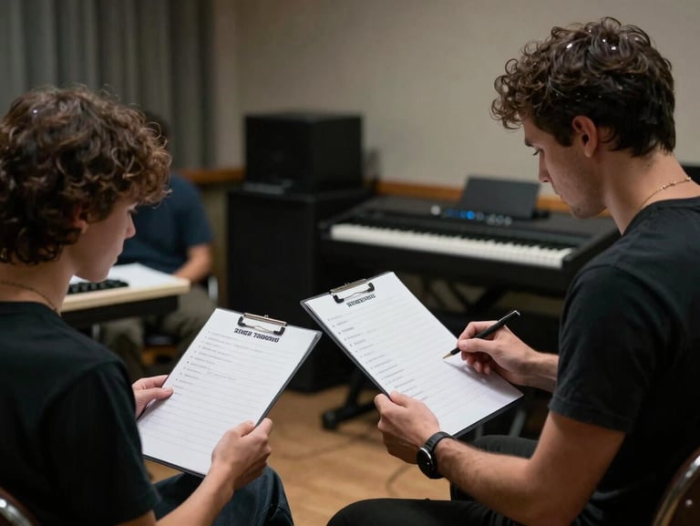 Two musicians reviewing setlists in a dimly lit rehearsal space, natural moody daylight.