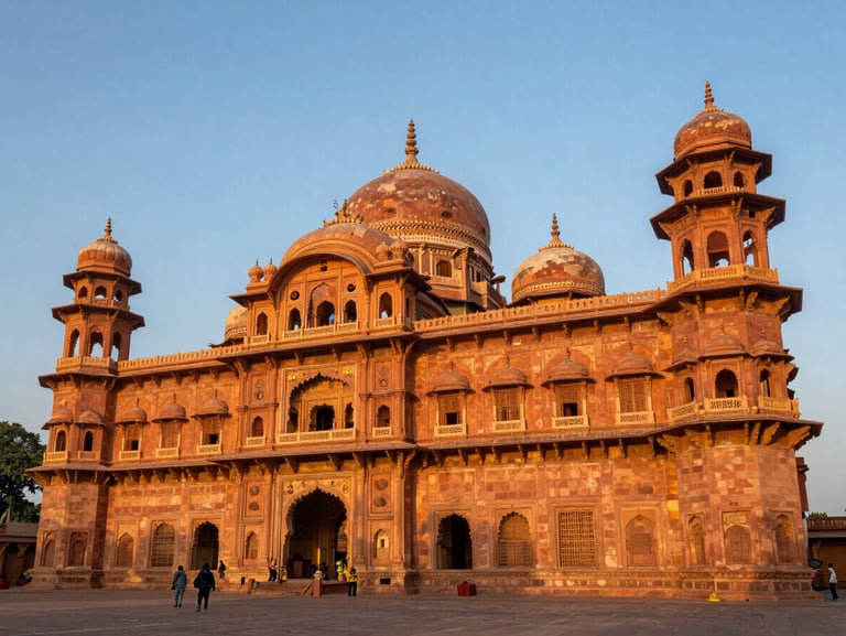 Majestic wide-angle view of Mysore Palace at golden hour, the stone facade glowing warm orange under a clear sky