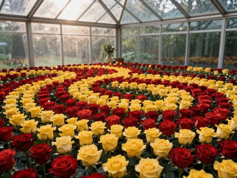 A vibrant glass house filled with thousands of red and yellow roses arranged in royal patterns, soft morning light filtering through glass panels.