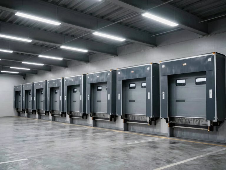 Wide architectural shot of a modern, clean logistics loading bay with sharp shadows and cool-toned metallic overhead lighting.