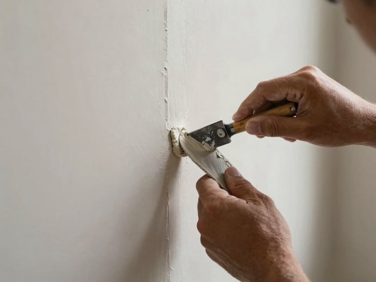 Close-up of a craftsman's hands troweling joint compound with absolute precision on a drywall corner, soft directional daylight highlighting the smooth texture.