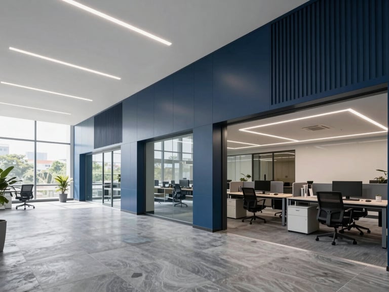 Medium-wide environmental shot of a modern, clean corporate workspace in New Delhi, bright natural office daylight, cool slate and navy tones, sharp focus, architectural depth